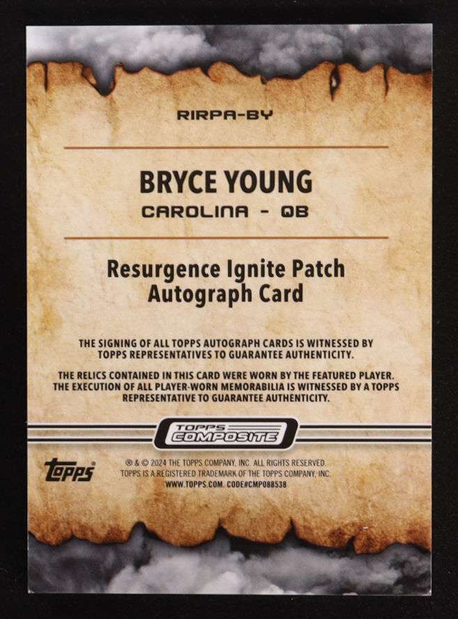 Bryce Young 2023 Topps Composite Resurgence Ignite Patch Autographs #RIRPABY #143/149 RC at PristineAuction.com Bryce Young 2023 Topps Composite Resurgence Ignite Patch Autographs #RIRPABY #143/149 RC at PristineAuction.com