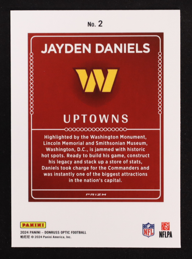 Jayden Daniels 2024 Donruss Optic Uptowns #2 RC at PristineAuction.com Jayden Daniels 2024 Donruss Optic Uptowns #2 RC at PristineAuction.com