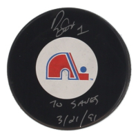 Ron Tugnutt Signed Nordiques Logo Hockey Puck Inscribed "70 Saves 3/21/91" (COJO) at PristineAuction.com