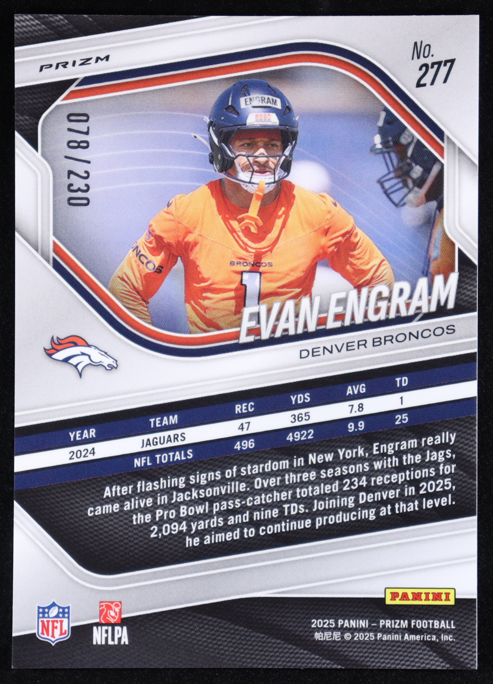 Evan Engram 2025 Panini Prizm Blue Wave #277 #078/230 at PristineAuction.com Evan Engram 2025 Panini Prizm Blue Wave #277 #078/230 at PristineAuction.com