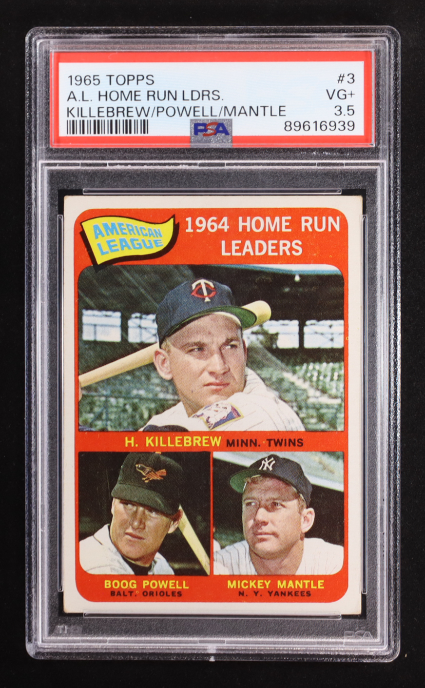 Harmon Killebrew / Mickey Mantle / Boog Powell 1965 Topps #3 / AL Home Run Leaders (PSA 3.5) at PristineAuction.com Harmon Killebrew / Mickey Mantle / Boog Powell 1965 Topps #3 / AL Home Run Leaders (PSA 3.5) at PristineAuction.com