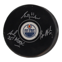 Grant Fuhr, Andy Moog & Bill Ranford Signed Oilers Logo Hockey Puck (COJO) at PristineAuction.com