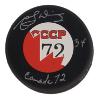 Marcel Dionne Signed 1972 Summit Series Logo Hockey Puck Inscribed "Canada 72" (COJO) at PristineAuction.com
