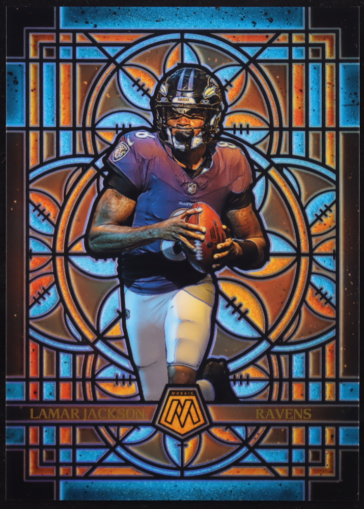 Lamar Jackson 2025 Panini Mosaic Stained Glass Oversized #1 at PristineAuction.com Lamar Jackson 2025 Panini Mosaic Stained Glass Oversized #1 at PristineAuction.com
