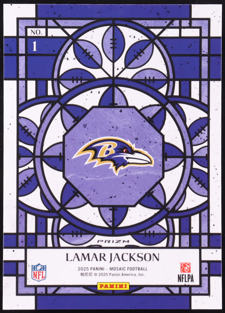 Lamar Jackson 2025 Panini Mosaic Stained Glass Oversized #1 at PristineAuction.com Lamar Jackson 2025 Panini Mosaic Stained Glass Oversized #1 at PristineAuction.com