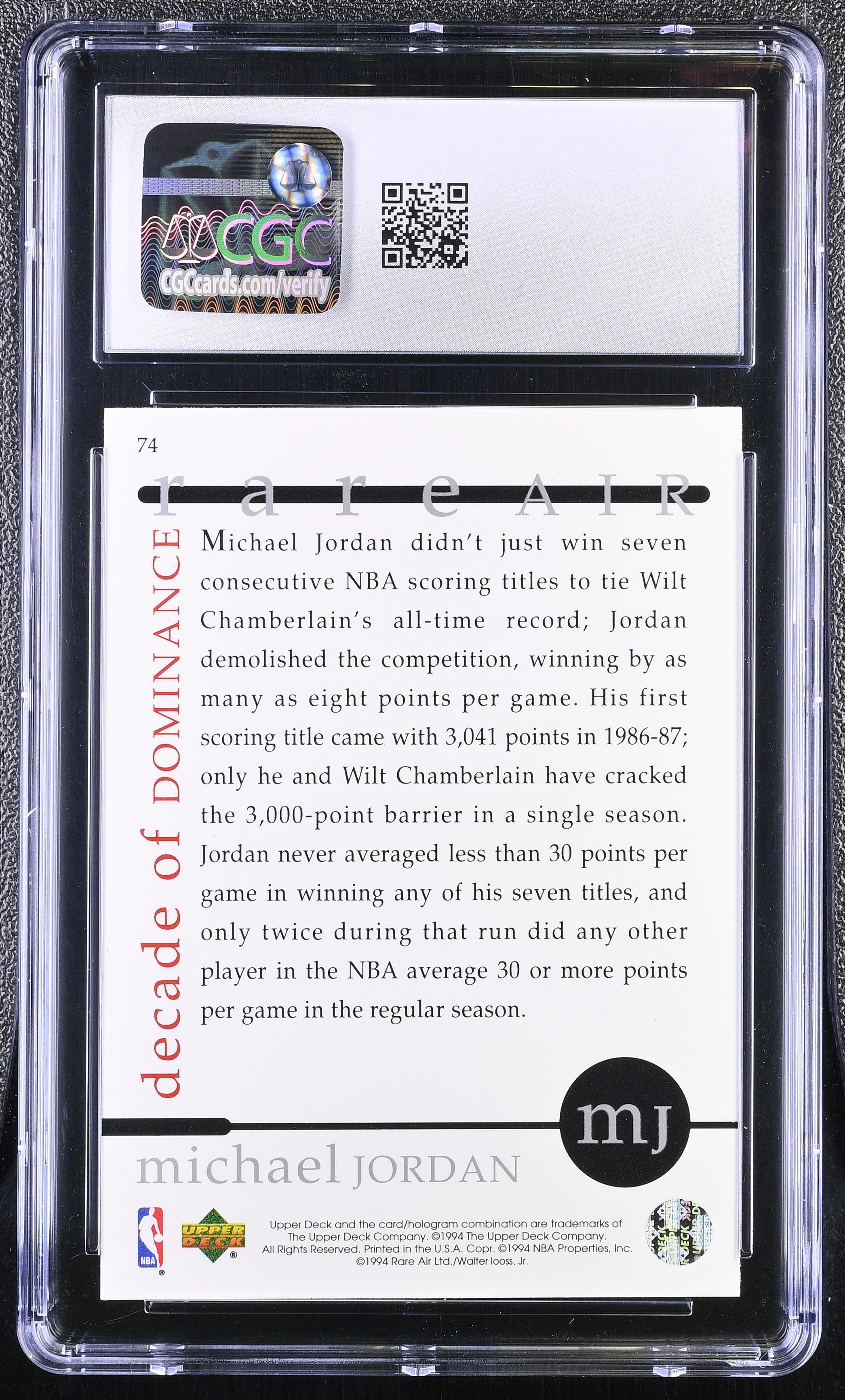 Michael Jordan 1994 Upper Deck Rare Air Decade Of Dominance #74 (CGC 10) at PristineAuction.com Michael Jordan 1994 Upper Deck Rare Air Decade Of Dominance #74 (CGC 10) at PristineAuction.com