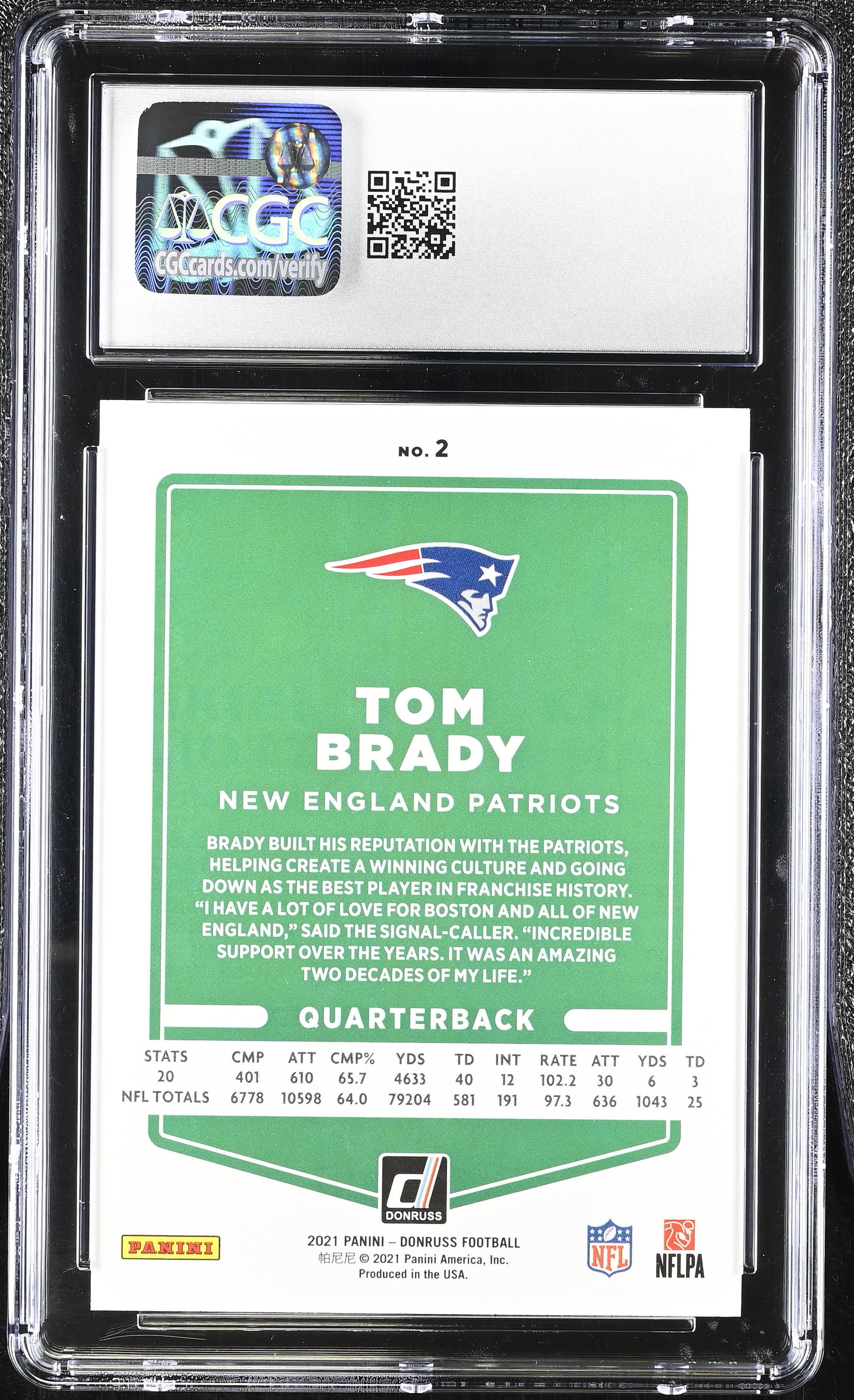 Tom Brady 2021 Donruss #2 (CGC 10) at PristineAuction.com Tom Brady 2021 Donruss #2 (CGC 10) at PristineAuction.com
