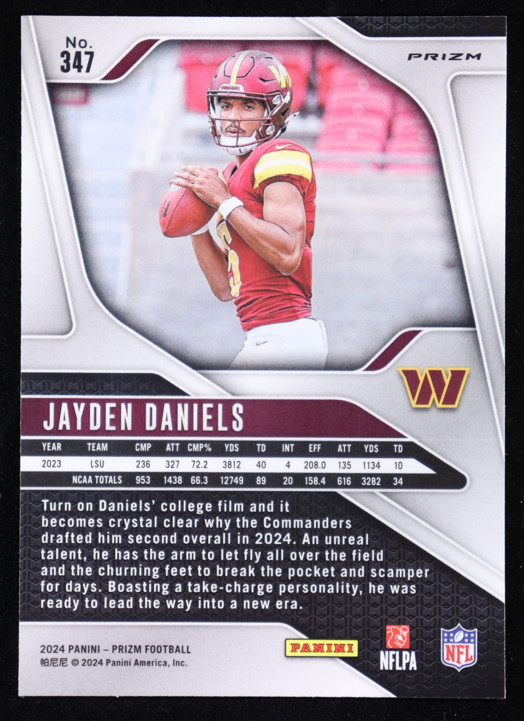 Jayden Daniels 2024 Panini Prizm Prizms Pink Wave #347 RC at PristineAuction.com Jayden Daniels 2024 Panini Prizm Prizms Pink Wave #347 RC at PristineAuction.com