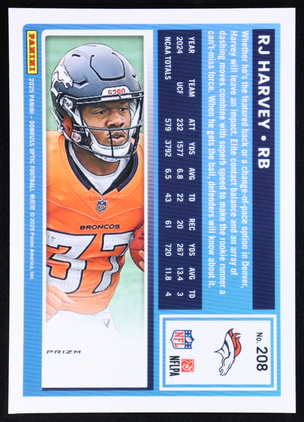 RJ Harvey 2025 Panini Donruss Optic Red Pandora RR #208 RC at PristineAuction.com RJ Harvey 2025 Panini Donruss Optic Red Pandora RR #208 RC at PristineAuction.com