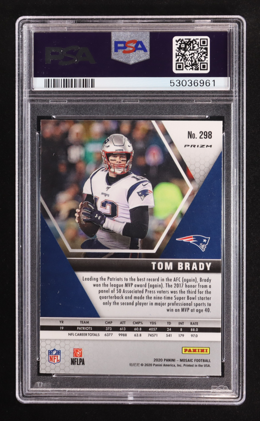 Tom Brady 2020 Panini Mosaic Mosaic Reactive Blue #298 MVP (PSA 9) at PristineAuction.com Tom Brady 2020 Panini Mosaic Mosaic Reactive Blue #298 MVP (PSA 9) at PristineAuction.com