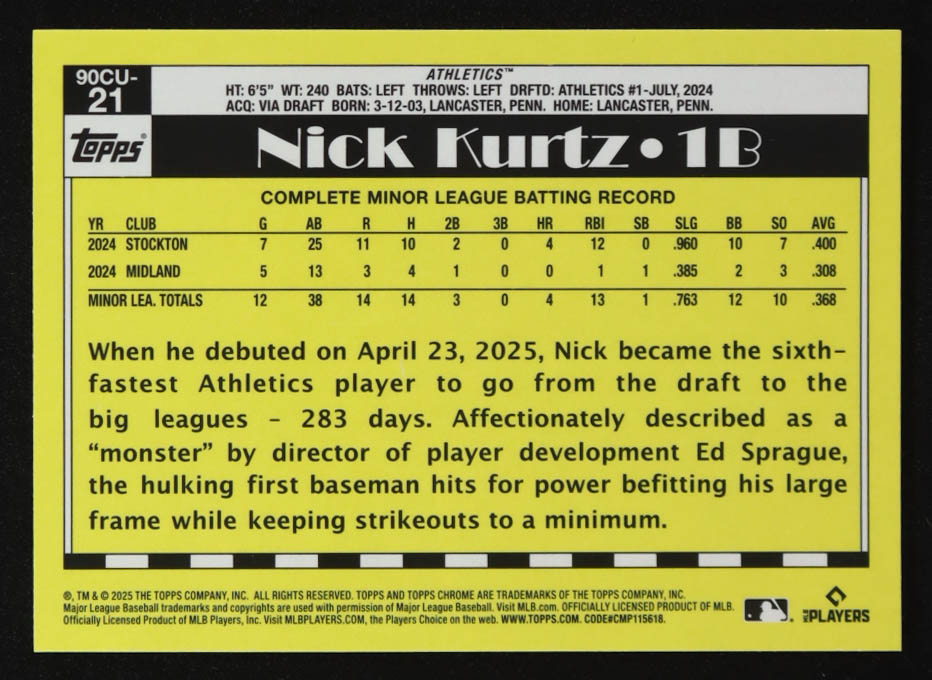 Nick Kurtz 2025 Topps Chrome Update '90 Topps #90CU21 RC at PristineAuction.com Nick Kurtz 2025 Topps Chrome Update '90 Topps #90CU21 RC at PristineAuction.com