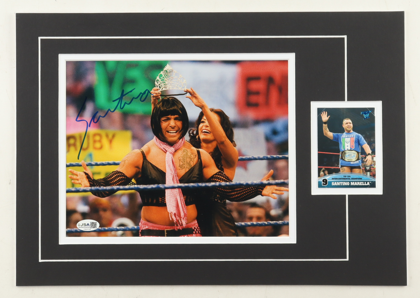 Santino Marella Signed 12x17 Custom Matted Photo Display with Trading Card (JSA) at PristineAuction.com Santino Marella Signed 12x17 Custom Matted Photo Display with Trading Card (JSA) at PristineAuction.com