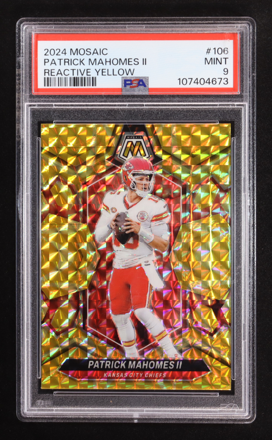 Patrick Mahomes II 2024 Panini Mosaic Mosaic Reactive Yellow #106 (PSA 9) at PristineAuction.com Patrick Mahomes II 2024 Panini Mosaic Mosaic Reactive Yellow #106 (PSA 9) at PristineAuction.com