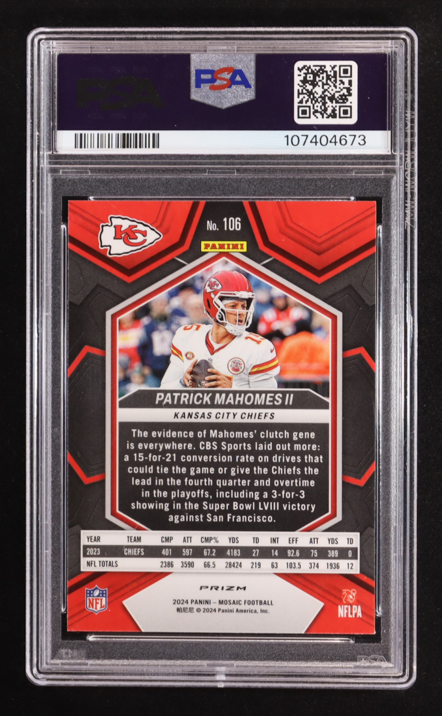 Patrick Mahomes II 2024 Panini Mosaic Mosaic Reactive Yellow #106 (PSA 9) at PristineAuction.com Patrick Mahomes II 2024 Panini Mosaic Mosaic Reactive Yellow #106 (PSA 9) at PristineAuction.com