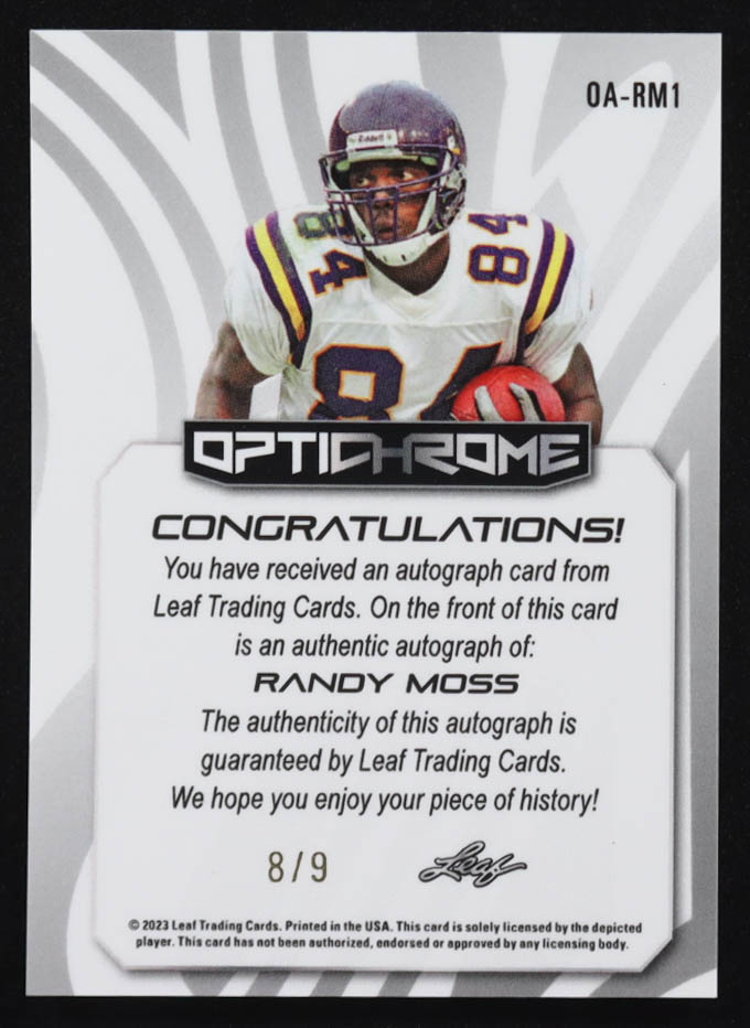 Randy Moss 2023 Leaf OptiChrome Autographs Prismatic Red #OARM1 #8/9 at PristineAuction.com Randy Moss 2023 Leaf OptiChrome Autographs Prismatic Red #OARM1 #8/9 at PristineAuction.com