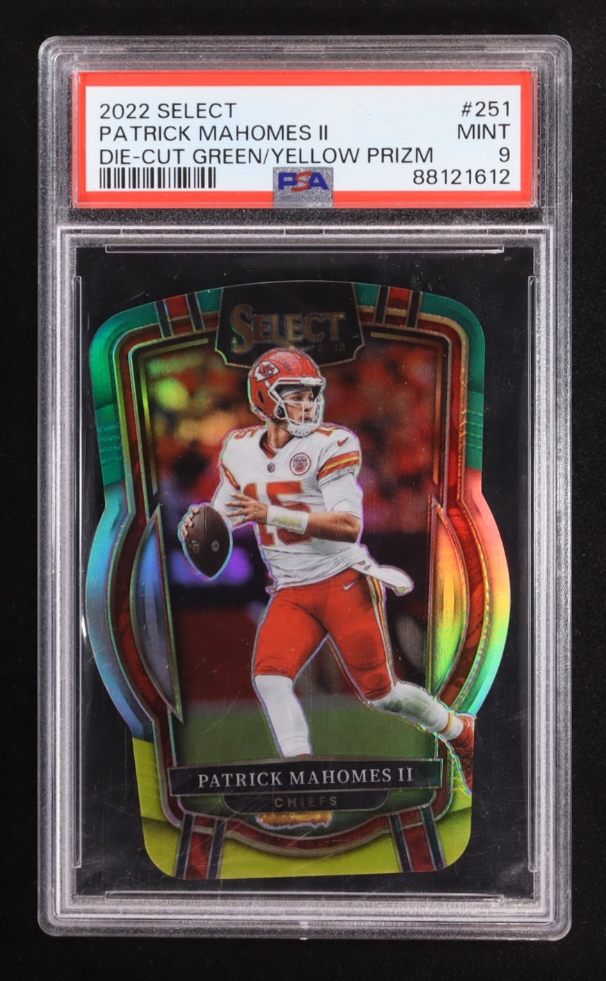 Patrick Mahomes II 2022 Select Prizm Green and Yellow Die Cut #251 (PSA 9) at PristineAuction.com Patrick Mahomes II 2022 Select Prizm Green and Yellow Die Cut #251 (PSA 9) at PristineAuction.com