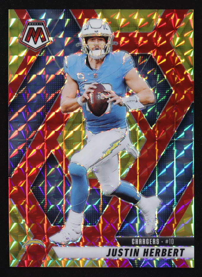 Justin Herbert 2025 Panini Mosaic Mosaic Choice Fusion Red and Yellow #80 #52/89 at PristineAuction.com Justin Herbert 2025 Panini Mosaic Mosaic Choice Fusion Red and Yellow #80 #52/89 at PristineAuction.com