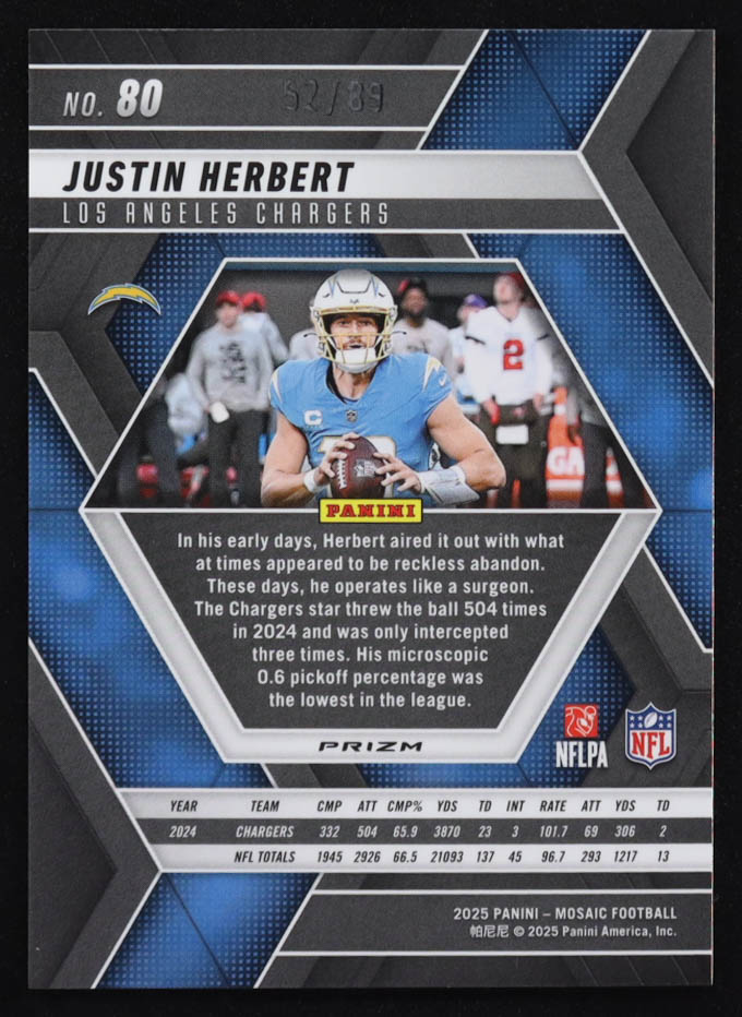 Justin Herbert 2025 Panini Mosaic Mosaic Choice Fusion Red and Yellow #80 #52/89 at PristineAuction.com Justin Herbert 2025 Panini Mosaic Mosaic Choice Fusion Red and Yellow #80 #52/89 at PristineAuction.com
