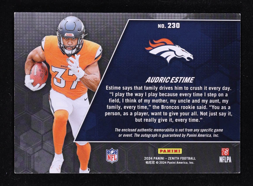 Audric Estime 2024 Zenith #230 Jersey Autograph #132/399 RC at PristineAuction.com Audric Estime 2024 Zenith #230 Jersey Autograph #132/399 RC at PristineAuction.com