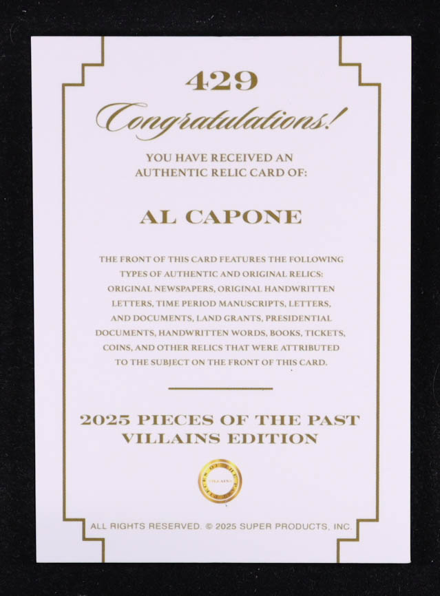Al Capone 2025 Pieces of the Past Villains Edition #429 at PristineAuction.com Al Capone 2025 Pieces of the Past Villains Edition #429 at PristineAuction.com