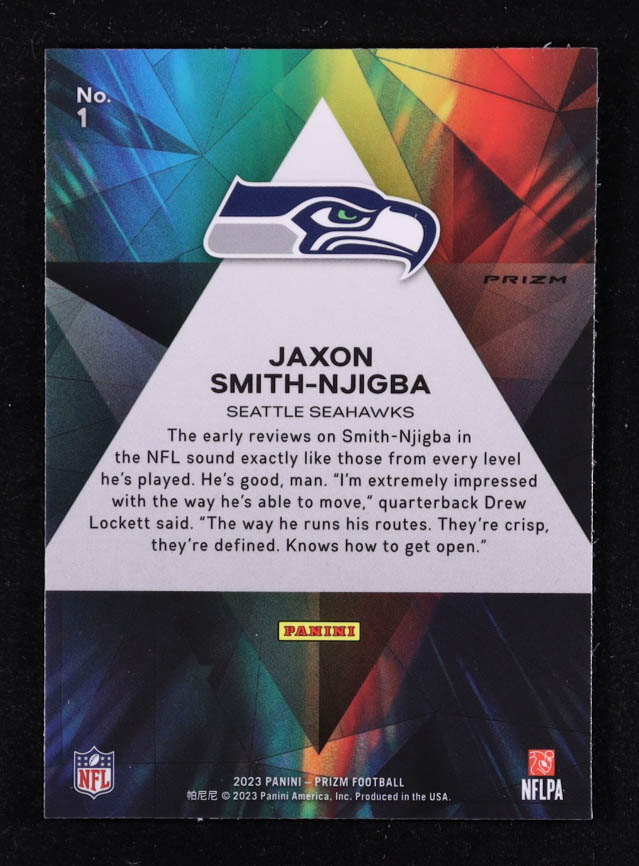 Jaxon Smith-Njigba 2023 Panini Prizm Prizmatic Prizms No Huddle #1 RC at PristineAuction.com Jaxon Smith-Njigba 2023 Panini Prizm Prizmatic Prizms No Huddle #1 RC at PristineAuction.com