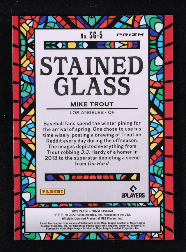 Mike Trout 2022 Panini Prizm Stained Glass Prizms Purple #5 at PristineAuction.com Mike Trout 2022 Panini Prizm Stained Glass Prizms Purple #5 at PristineAuction.com