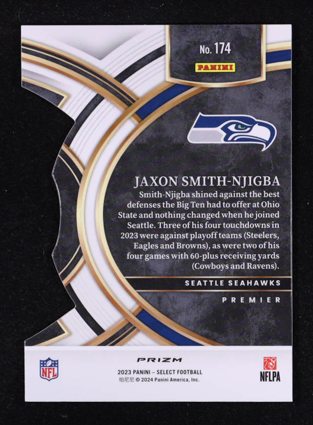 Jaxon Smith-Njigba 2023 Select Prizm Black and Red Die Cut #174 RC at PristineAuction.com Jaxon Smith-Njigba 2023 Select Prizm Black and Red Die Cut #174 RC at PristineAuction.com