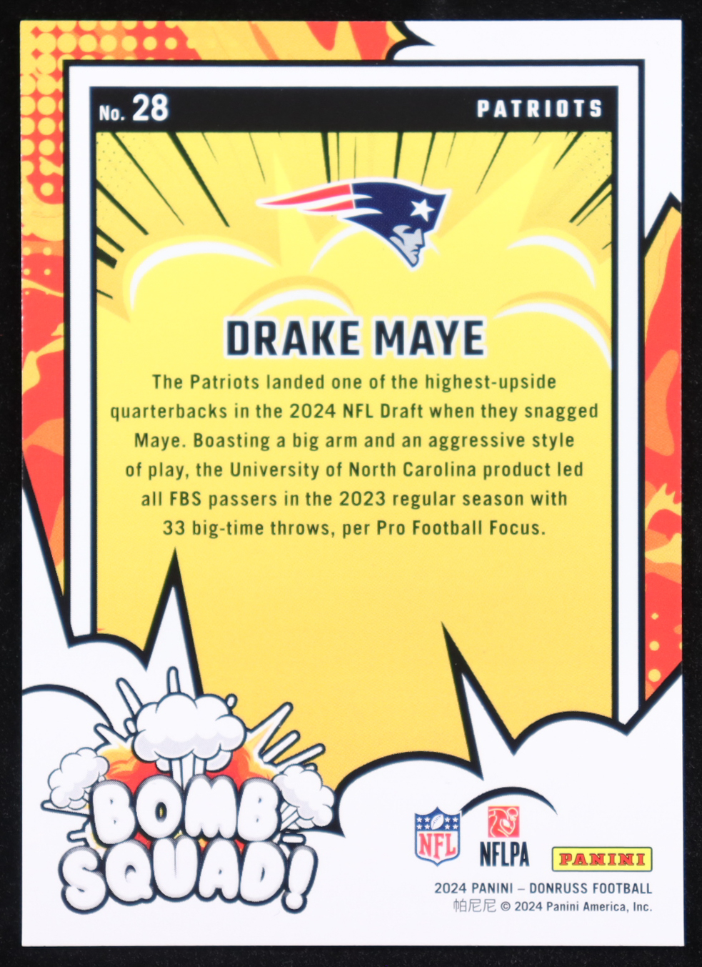 Drake Maye 2024 Donruss Bomb Squad #28 RC at PristineAuction.com Drake Maye 2024 Donruss Bomb Squad #28 RC at PristineAuction.com