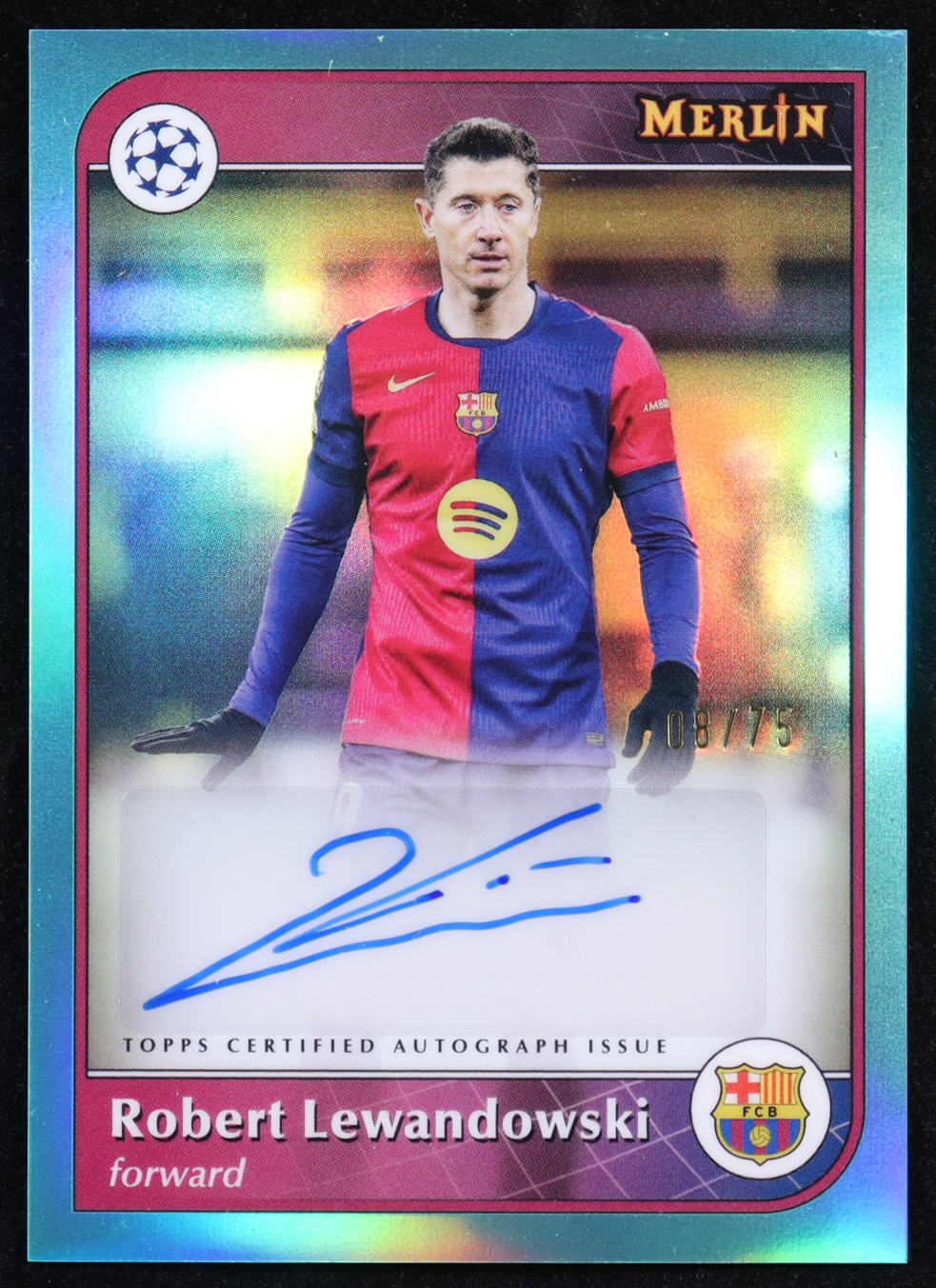 Robert Lewandowski 2024-25 Merlin UEFA Club Competitions Autographs Aqua #AURL #08/75 at PristineAuction.com Robert Lewandowski 2024-25 Merlin UEFA Club Competitions Autographs Aqua #AURL #08/75 at PristineAuction.com