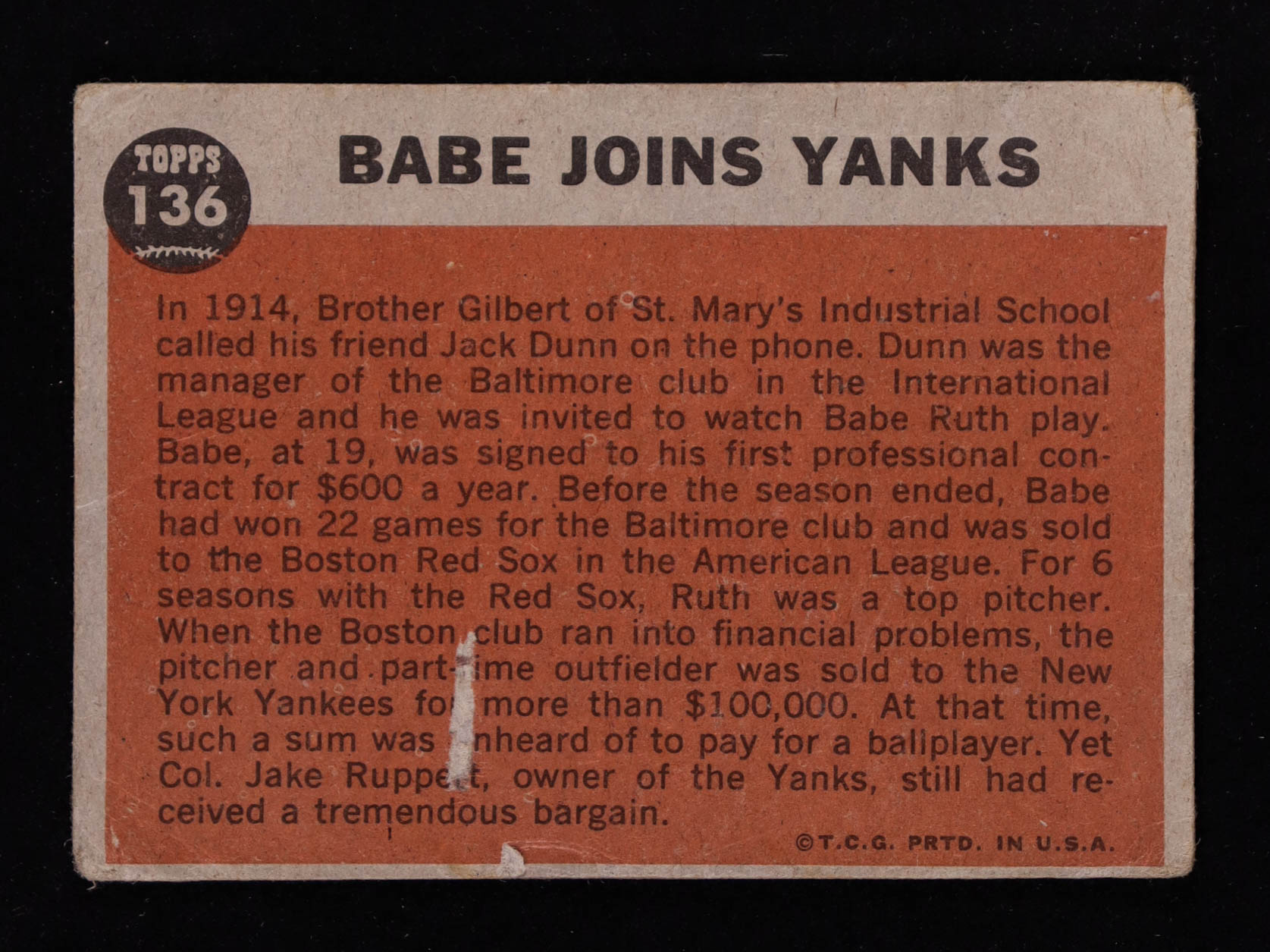 Babe Ruth 1962 Topps #136 Special 2 / Babe Joins Yanks/Pictured Owner with Jacob Ruppert at PristineAuction.com Babe Ruth 1962 Topps #136 Special 2 / Babe Joins Yanks/Pictured Owner with Jacob Ruppert at PristineAuction.com