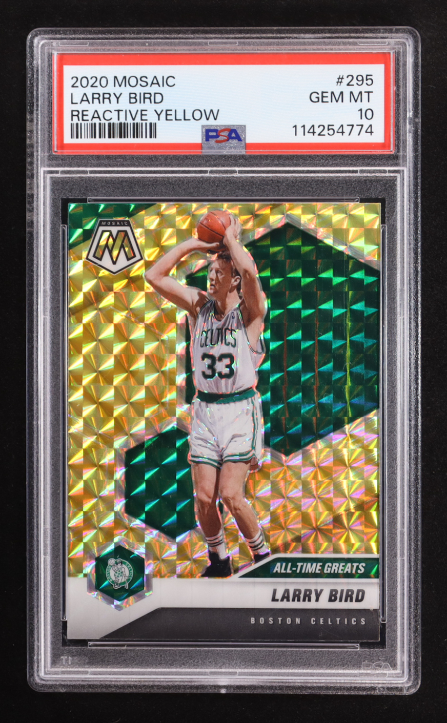 Larry Bird 2020-21 Panini Mosaic Mosaic Reactive Yellow #295 (PSA 10) at PristineAuction.com Larry Bird 2020-21 Panini Mosaic Mosaic Reactive Yellow #295 (PSA 10) at PristineAuction.com
