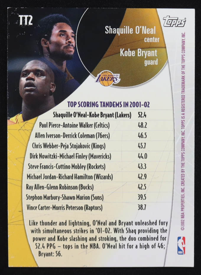 Shaquille O'Neal / Kobe Bryant 2002-03 Topps Top Tandems #TT2 at PristineAuction.com Shaquille O'Neal / Kobe Bryant 2002-03 Topps Top Tandems #TT2 at PristineAuction.com