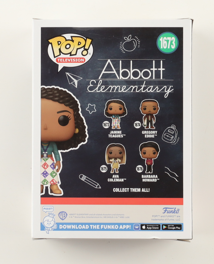 Quinta Brunson Signed "Abbott Elementary" #1673 Janine Teagues Funko Pop! Vinyl Figure (SWAU) at PristineAuction.com Quinta Brunson Signed "Abbott Elementary" #1673 Janine Teagues Funko Pop! Vinyl Figure (SWAU) at PristineAuction.com