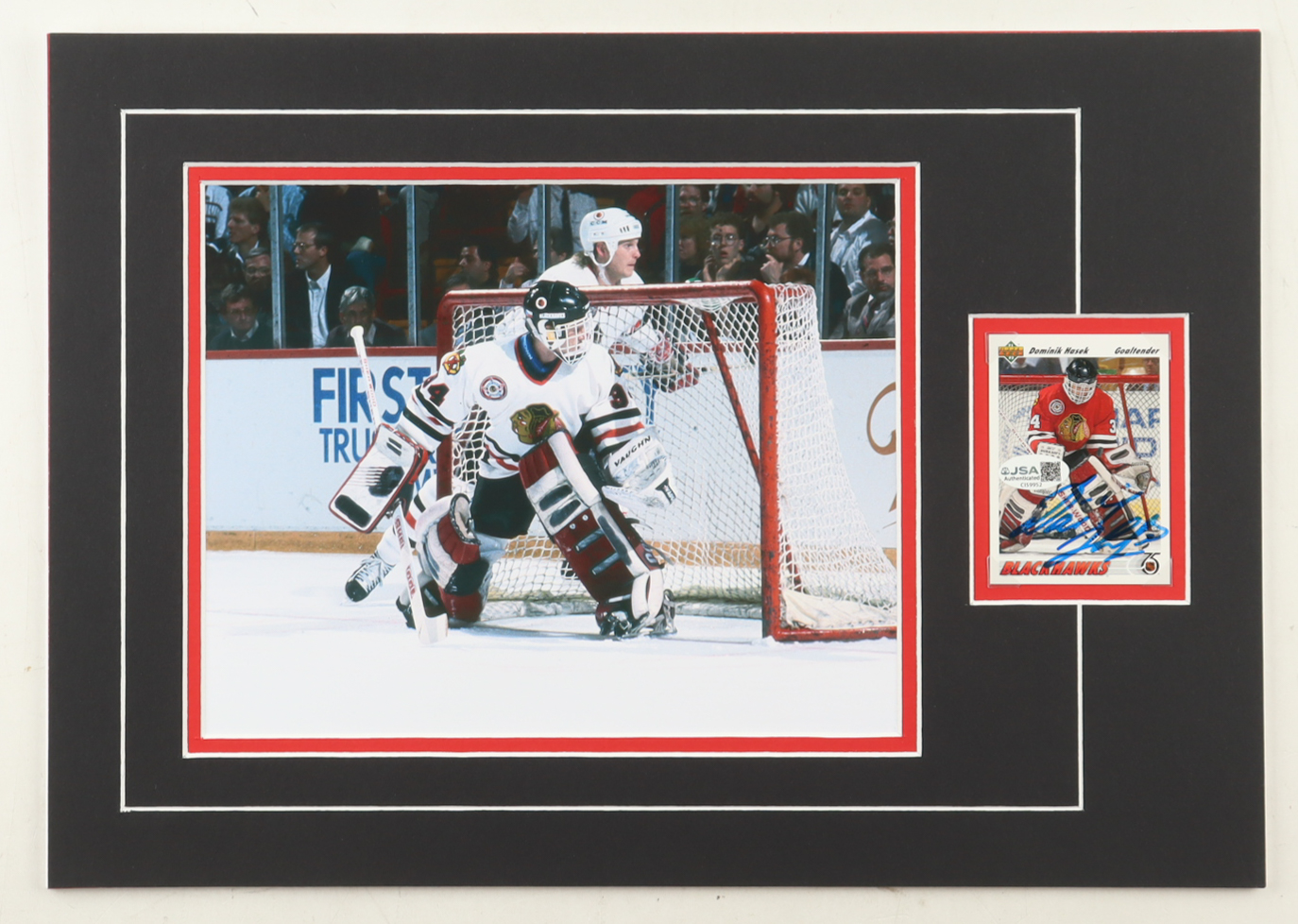 Dominik Hasek Signed 12x17 Custom Matted Trading Card Display with Photo (JSA) at PristineAuction.com Dominik Hasek Signed 12x17 Custom Matted Trading Card Display with Photo (JSA) at PristineAuction.com