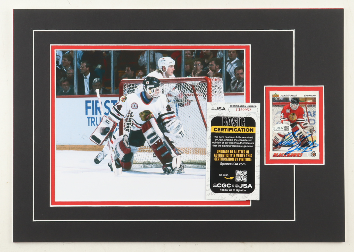 Dominik Hasek Signed 12x17 Custom Matted Trading Card Display with Photo (JSA) at PristineAuction.com Dominik Hasek Signed 12x17 Custom Matted Trading Card Display with Photo (JSA) at PristineAuction.com
