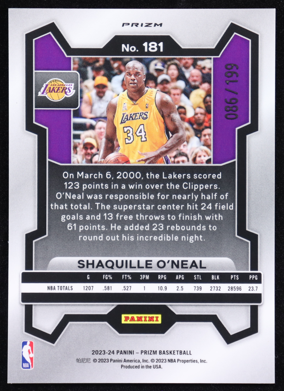 Shaquille O'Neal 2023-24 Panini Prizm Prizms Blue #181 #086/199 at PristineAuction.com Shaquille O'Neal 2023-24 Panini Prizm Prizms Blue #181 #086/199 at PristineAuction.com