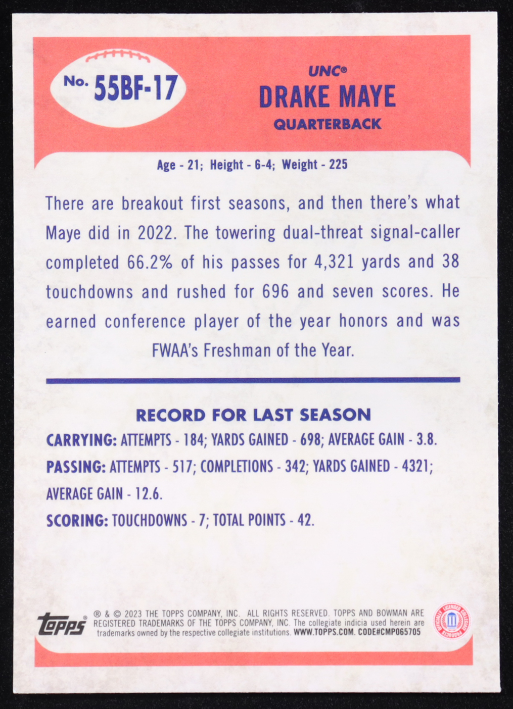 Drake Maye 2023 Bowman Chrome University '55 Bowman #55BF17 RC at PristineAuction.com Drake Maye 2023 Bowman Chrome University '55 Bowman #55BF17 RC at PristineAuction.com