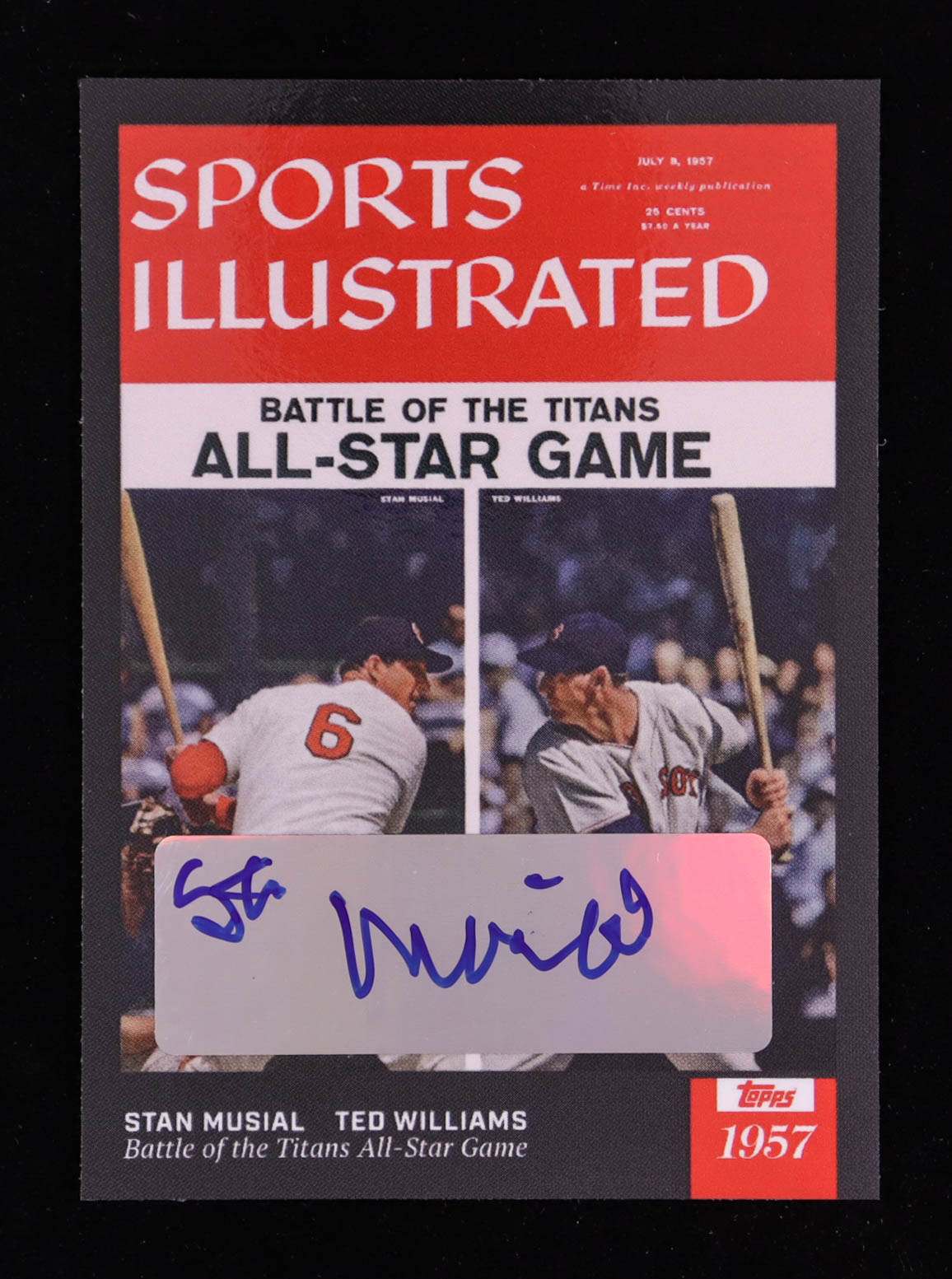 Stan Musial Signed Sticker on Stan Musial / Ted Williams 2021 Topps X Sports Illustrated #11 (Musial) at PristineAuction.com Stan Musial Signed Sticker on Stan Musial / Ted Williams 2021 Topps X Sports Illustrated #11 (Musial) at PristineAuction.com