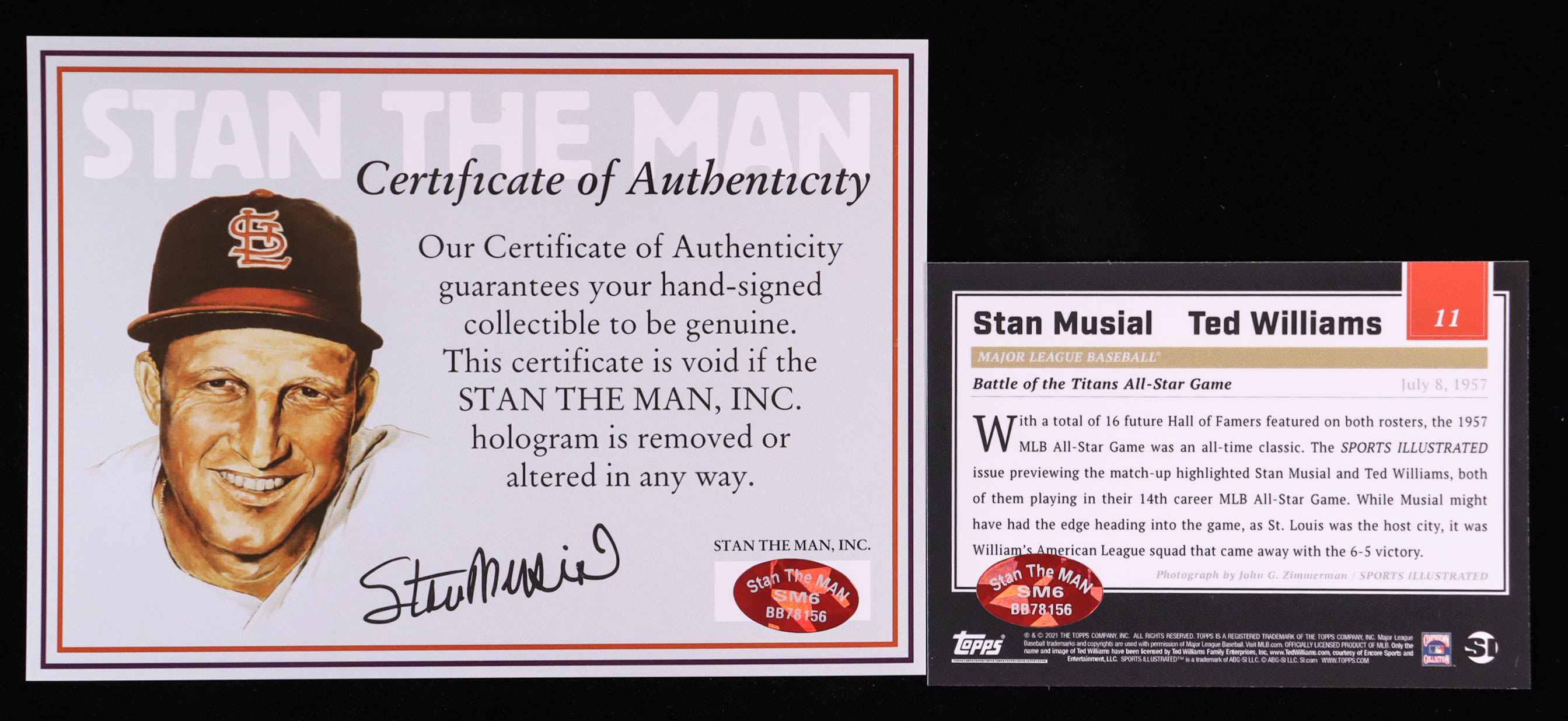 Stan Musial Signed Sticker on Stan Musial / Ted Williams 2021 Topps X Sports Illustrated #11 (Musial) at PristineAuction.com Stan Musial Signed Sticker on Stan Musial / Ted Williams 2021 Topps X Sports Illustrated #11 (Musial) at PristineAuction.com