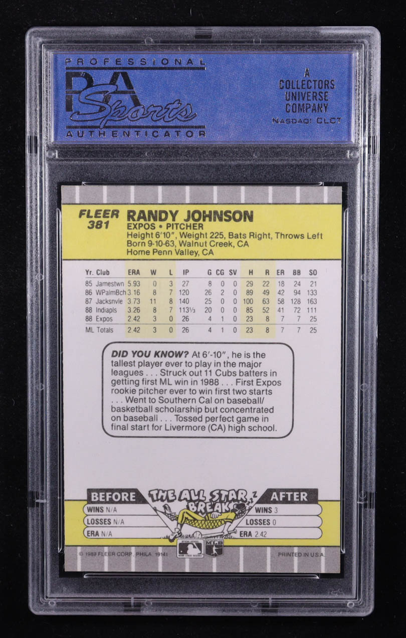 Randy Johnson1989 Fleer #381 RC UER/Innings for '85 and/'86 shown 27 and120/should be 27.1and 119.2 (PSA 9) at PristineAuction.com Randy Johnson1989 Fleer #381 RC UER/Innings for '85 and/'86 shown 27 and120/should be 27.1and 119.2 (PSA 9) at PristineAuction.com