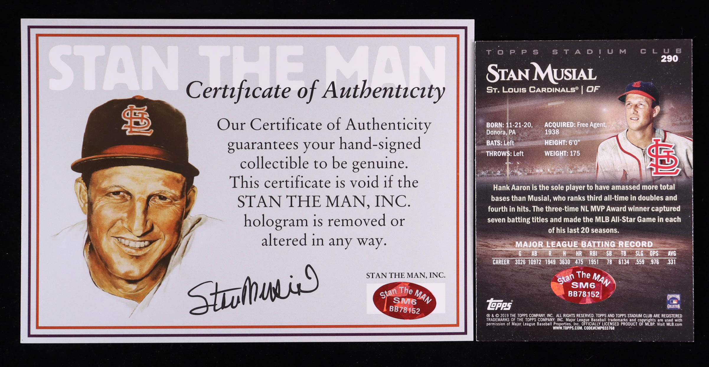 Stan Musial Signed Sticker on 2019 Stadium Club #290 (Musial) at PristineAuction.com Stan Musial Signed Sticker on 2019 Stadium Club #290 (Musial) at PristineAuction.com