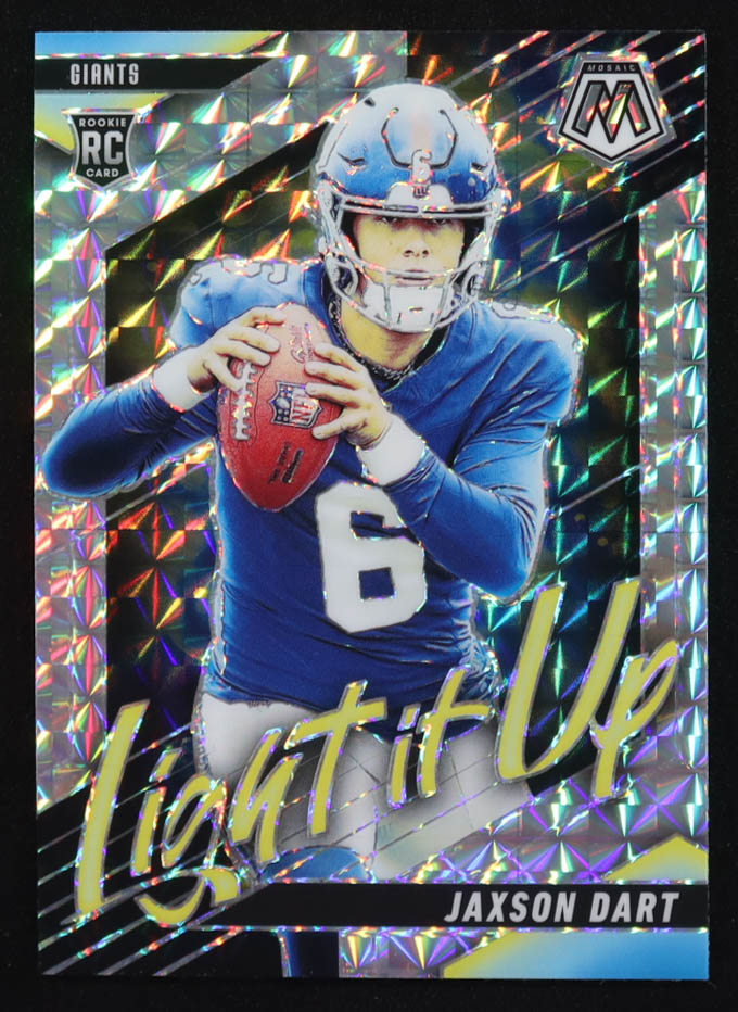 Jaxson Dart 2025 Panini Mosaic Light it Up Mosaic #8 RC at PristineAuction.com Jaxson Dart 2025 Panini Mosaic Light it Up Mosaic #8 RC at PristineAuction.com