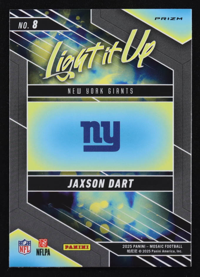 Jaxson Dart 2025 Panini Mosaic Light it Up Mosaic #8 RC at PristineAuction.com Jaxson Dart 2025 Panini Mosaic Light it Up Mosaic #8 RC at PristineAuction.com