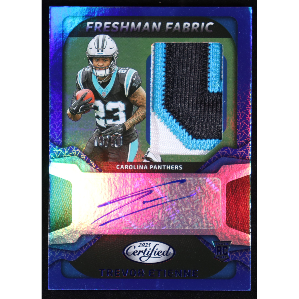 Trevor Etienne 2025 Panini Freshman Fabric Mirror Signatures Blue #FBC-TEE RC #13/50 at PristineAuction.com