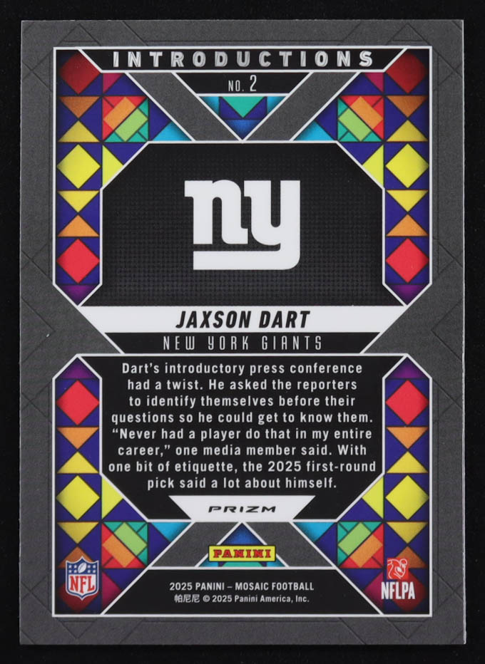 Jaxson Dart 2025 Panini Mosaic Introductions Silver #2 RC at PristineAuction.com Jaxson Dart 2025 Panini Mosaic Introductions Silver #2 RC at PristineAuction.com