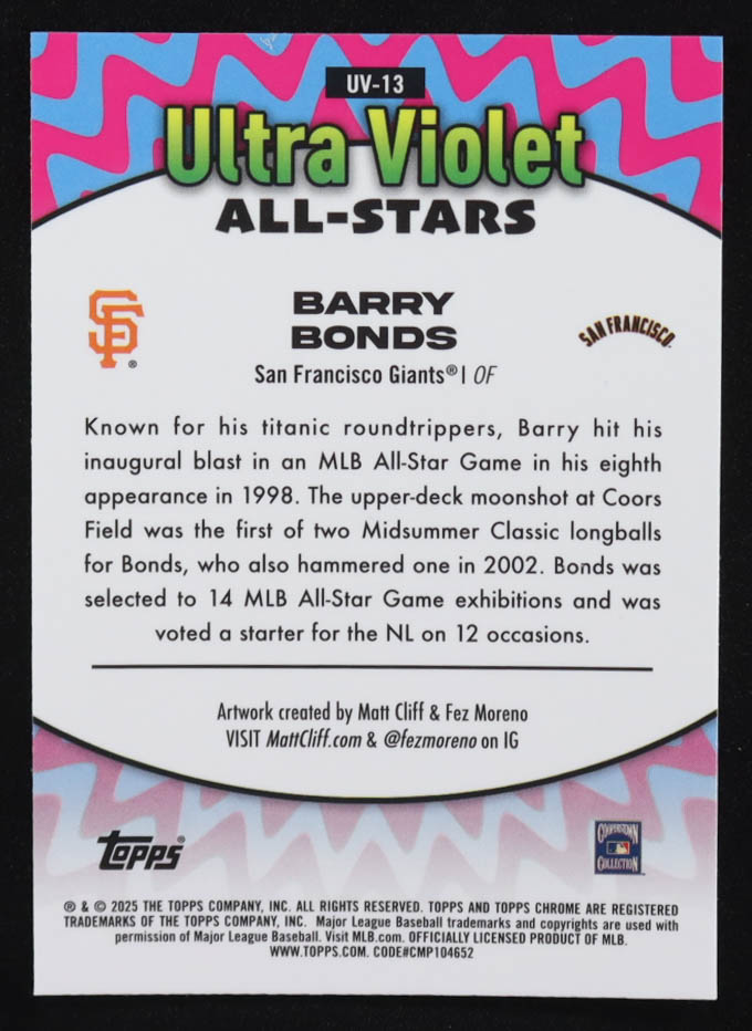 Barry Bonds 2025 Topps Chrome Ultra Violet All-Stars #UV13 at PristineAuction.com Barry Bonds 2025 Topps Chrome Ultra Violet All-Stars #UV13 at PristineAuction.com