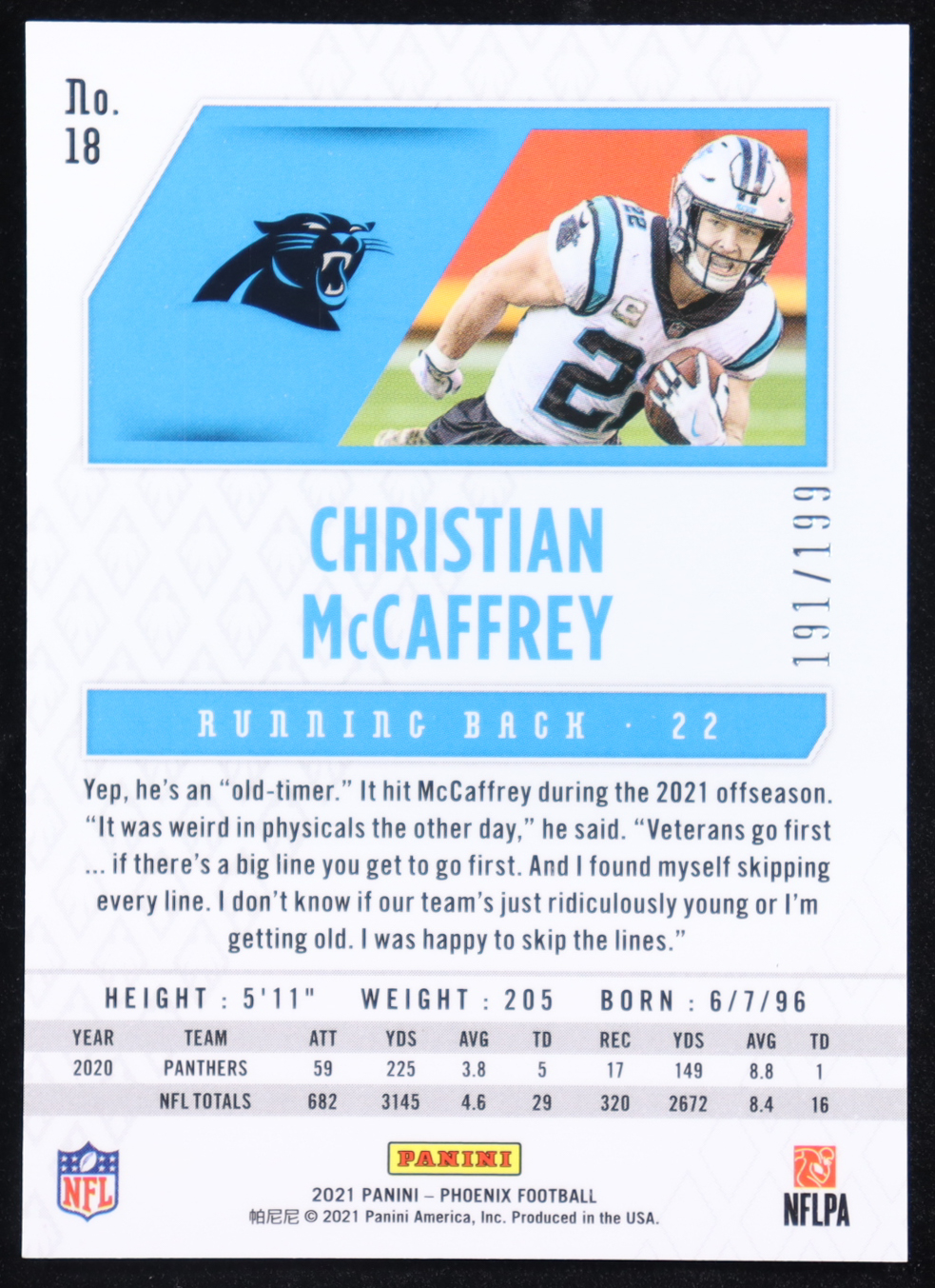 Christian McCaffrey 2021 Panini Phoenix Pink #18 #191/199 at PristineAuction.com Christian McCaffrey 2021 Panini Phoenix Pink #18 #191/199 at PristineAuction.com