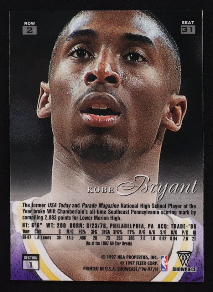 Kobe Bryant 1996-97 Flair Showcase Legacy Collection Row 2 #31 RC at PristineAuction.com Kobe Bryant 1996-97 Flair Showcase Legacy Collection Row 2 #31 RC at PristineAuction.com