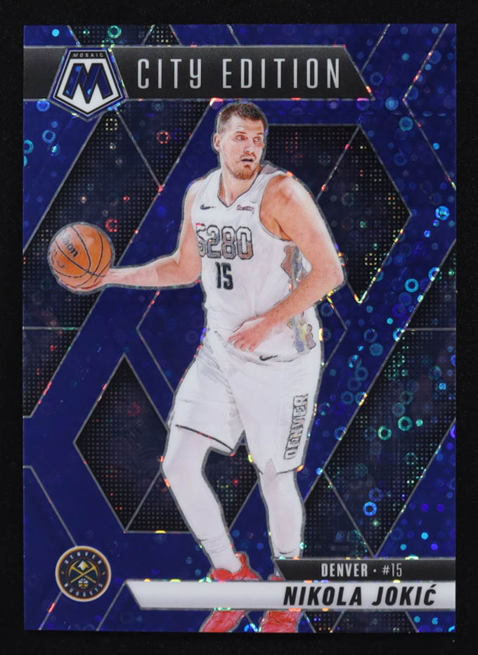 Nikola Jokic 2024-25 Panini Mosaic Mosaic Fast Break Blue #275 / City Edition #04/85 at PristineAuction.com Nikola Jokic 2024-25 Panini Mosaic Mosaic Fast Break Blue #275 / City Edition #04/85 at PristineAuction.com