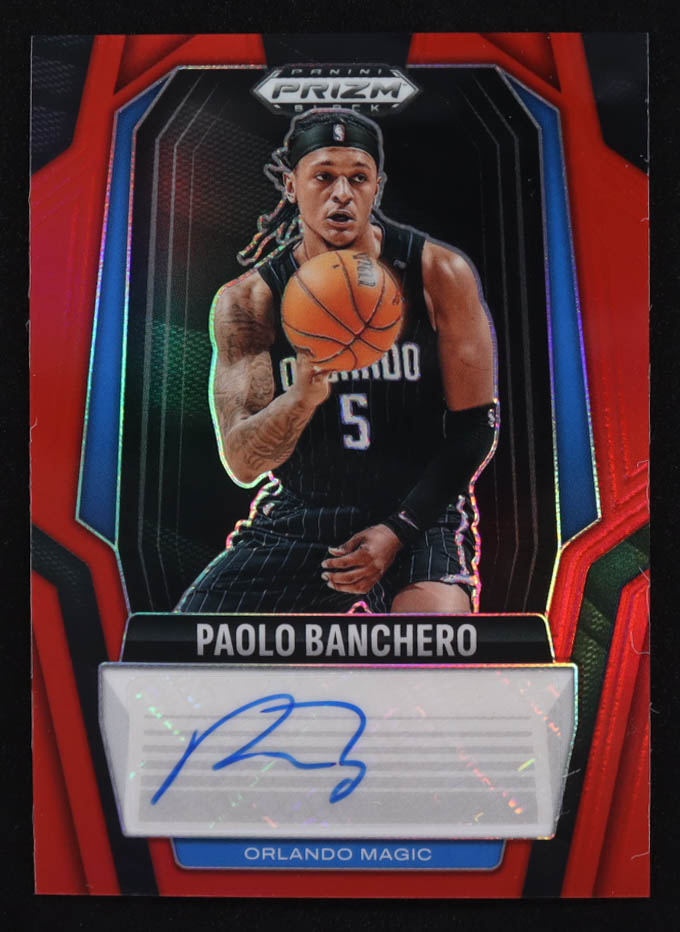 Paolo Banchero 2024-25 Panini Prizm Black Signatures Prizms Red #5 #77/99 at PristineAuction.com Paolo Banchero 2024-25 Panini Prizm Black Signatures Prizms Red #5 #77/99 at PristineAuction.com